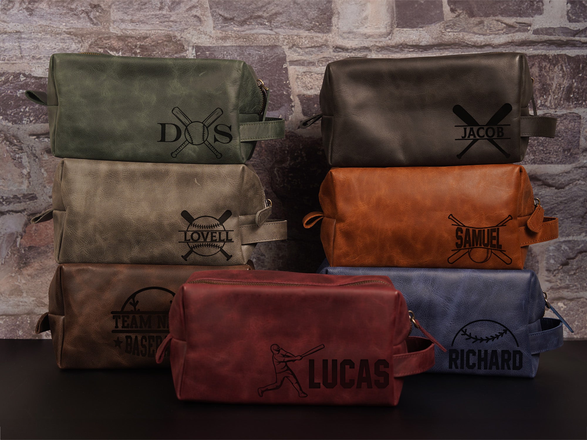 Customized Top-Grain Leather Dopp Kit • Baseball Theme