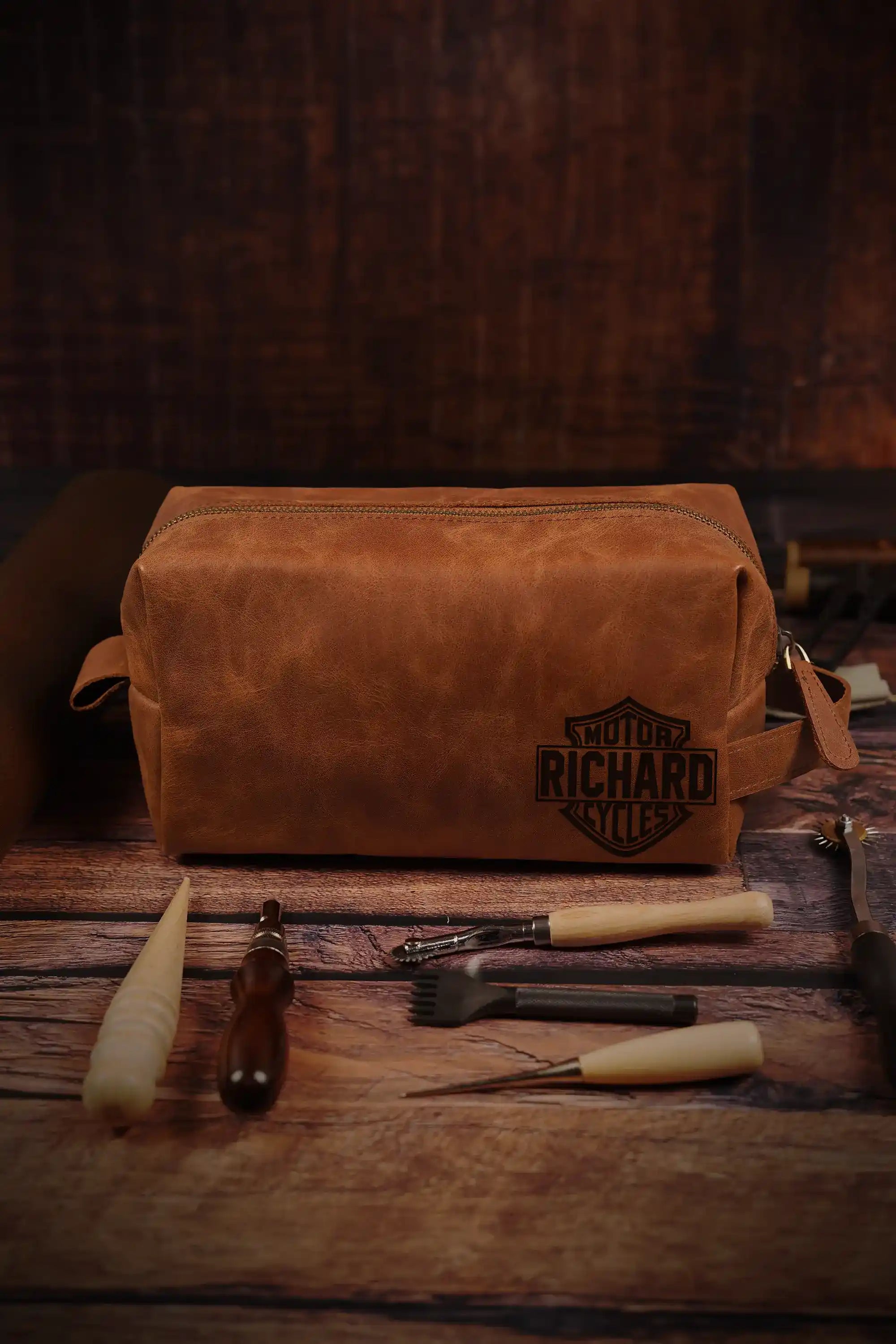 Dopp Kit for Motorcycle Lover • Leather Toiletry Bag, Custom Gift