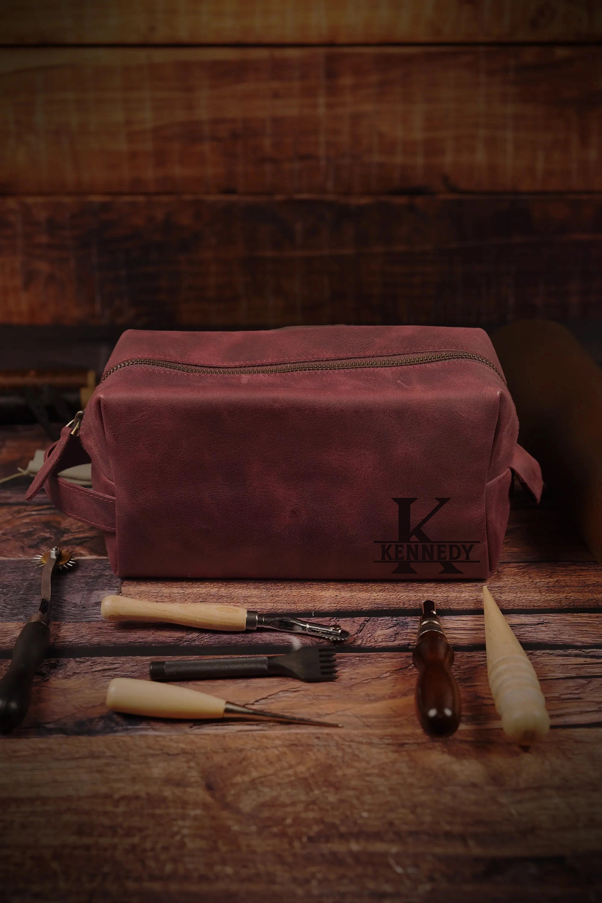 Customized Leather Dopp Kit • Top Grain Leather Toiletry Bag