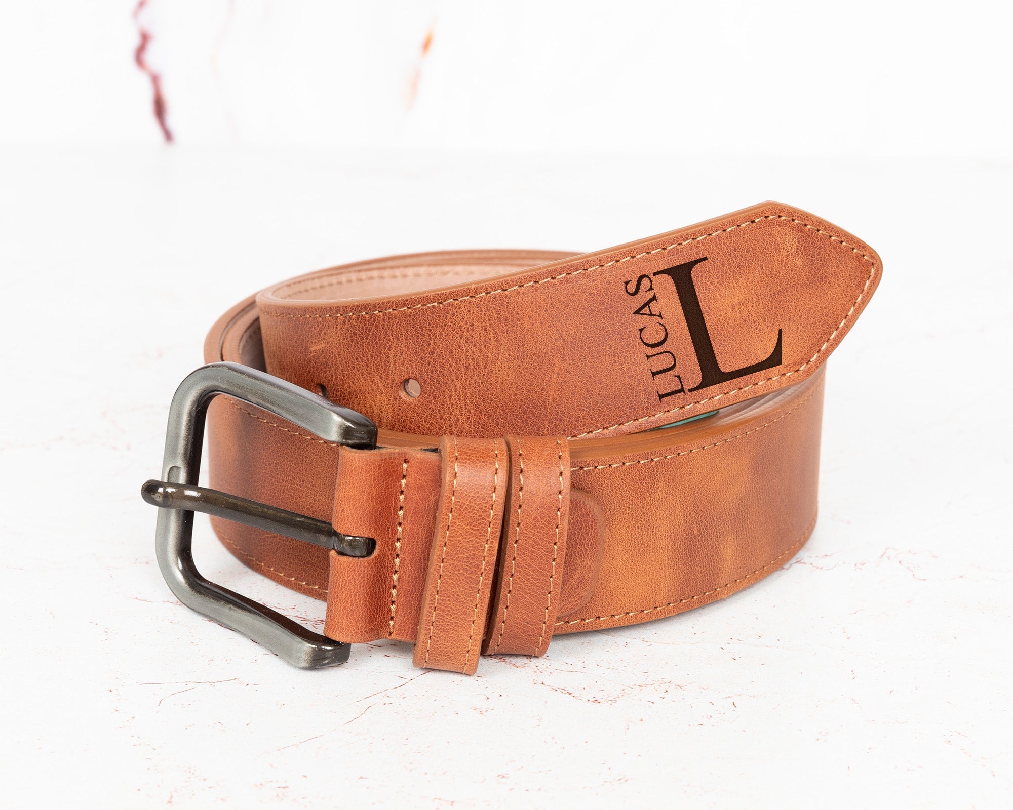 Customized Leather Belt • Personalized Gift For Him - The Lush Gifts - Customized Leather Belt • Personalized Gift For Him - The Lush Gifts - The Lush Gifts - a brown leather belt with the l logo on it - Customized Leather Gift - Personalized Leather Gift