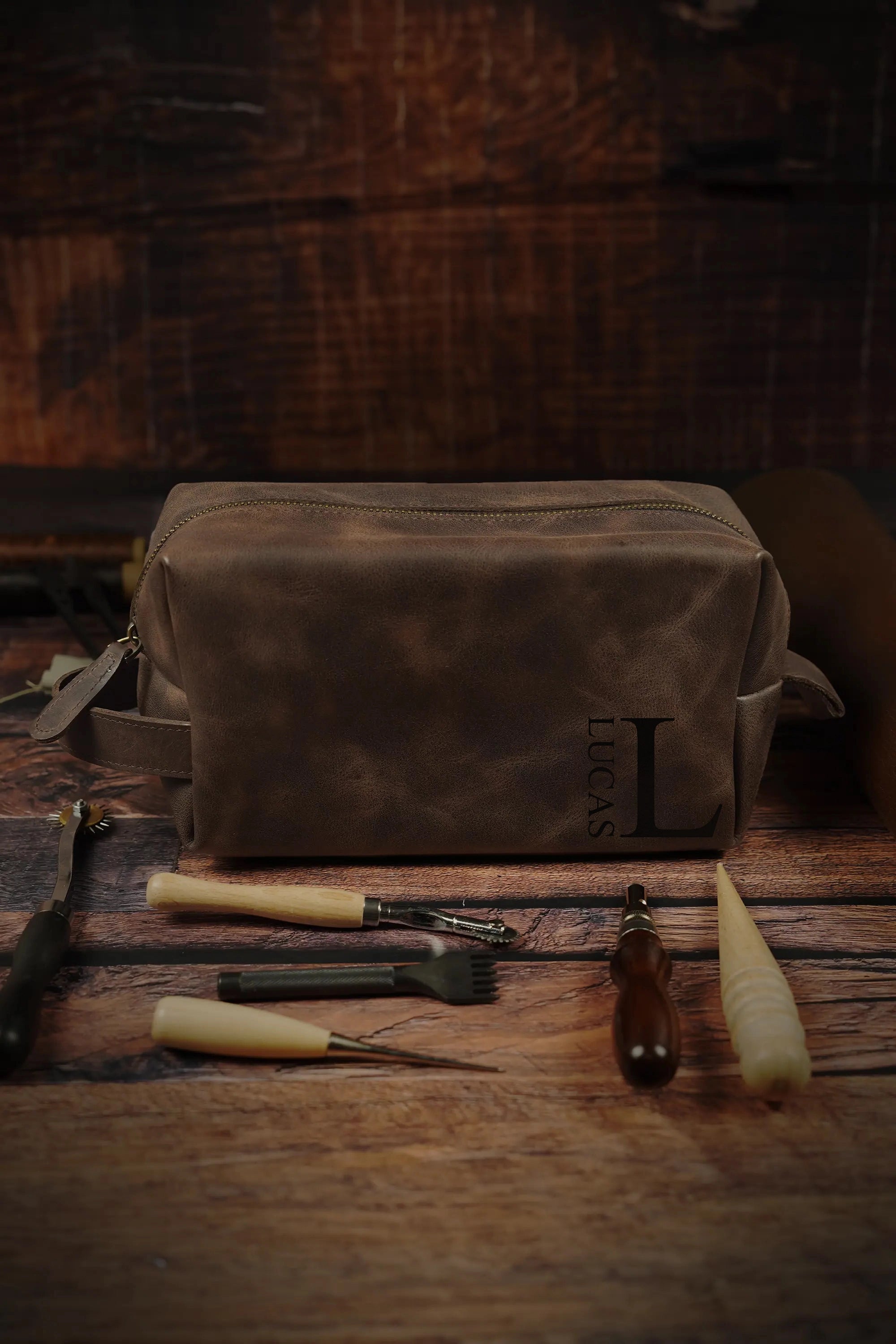 Customized Leather Dopp Kit • Top Grain Leather Toiletry Bag