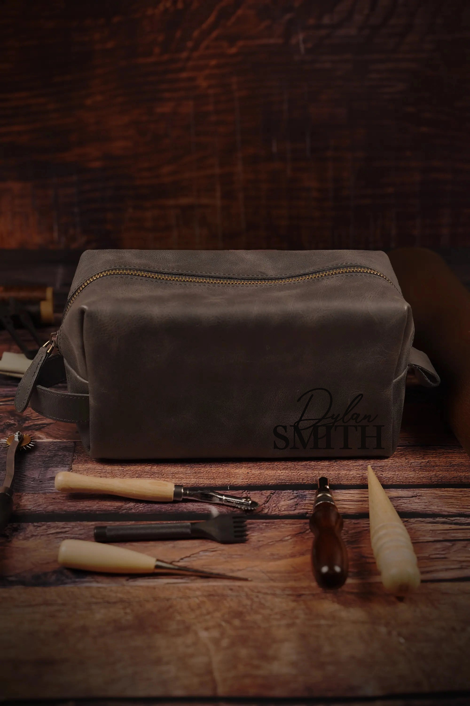 Customized Leather Dopp Kit • Top Grain Leather Toiletry Bag