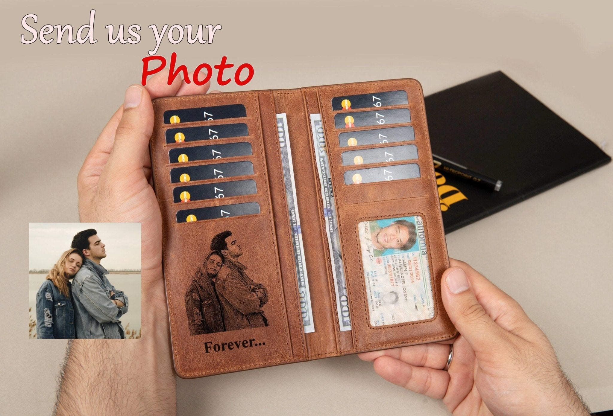 Baseball Long Wallet • Personalized Genuine Leather Wallet - The Lush Gifts - Baseball Long Wallet • Personalized Genuine Leather Wallet - The Lush Gifts - The Lush Gifts - Card Holder - Black - a hand holding a wallet with a picture of a man - Customized Leather Gift - Personalized Leather Gift