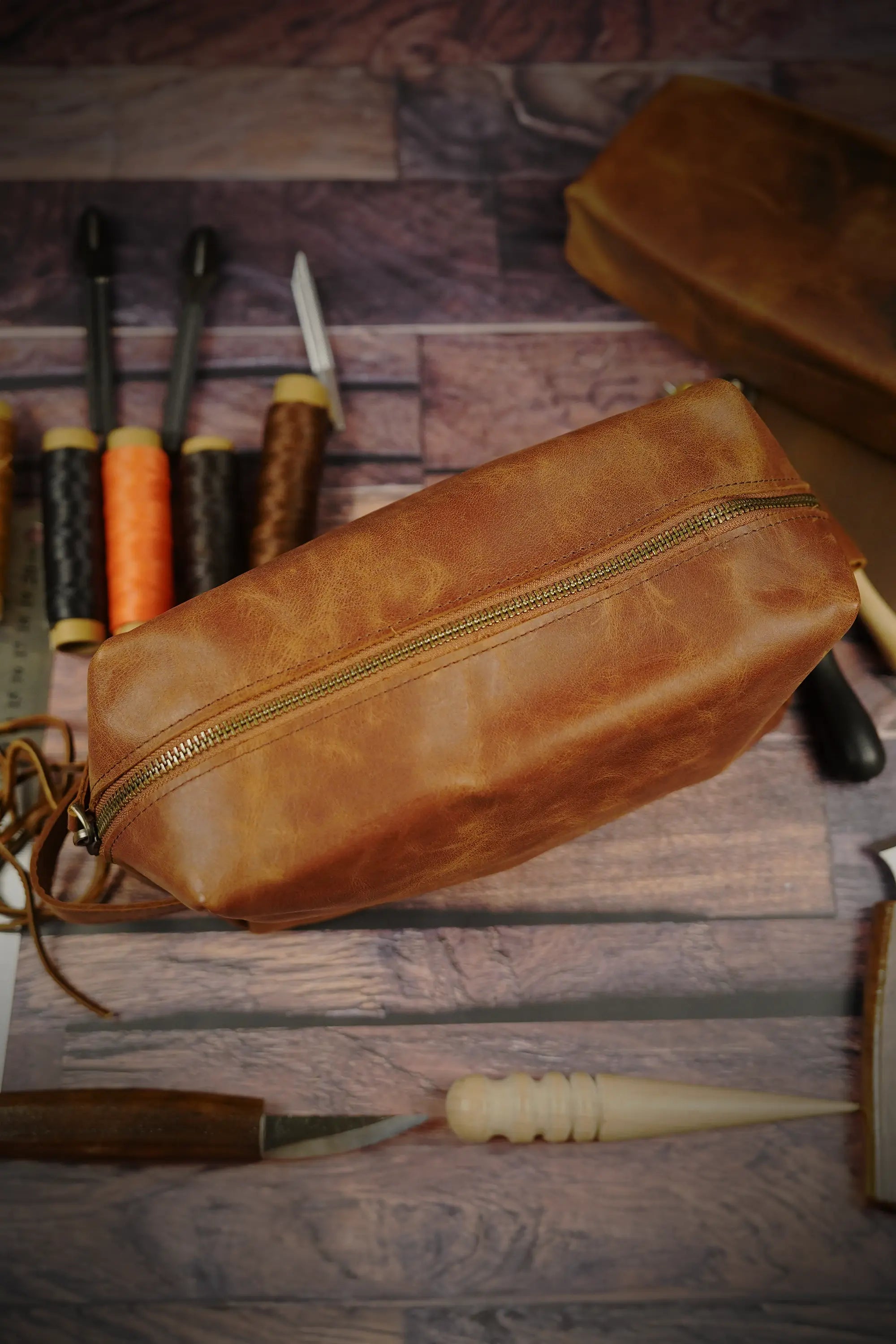 Customized Full Grain Leather Dopp Kit • Football Theme