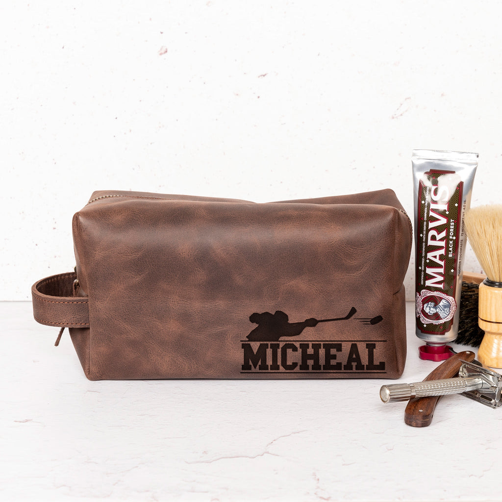 Hockey Themed Dopp-kit • Genuine Leather Toiletry Bag • Custom Gift Hockey Themed Dopp-kit • Genuine Leather Toiletry Bag • Custom Gift